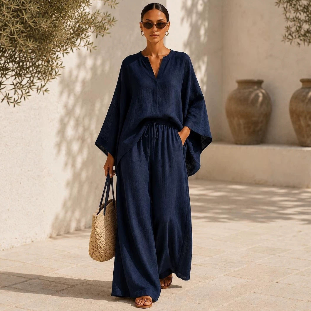Damen Leichte Leinenmischung Übergroße Kaftan-Oberteil und Kordelzug Weitbein-Hosen Set – Élanora