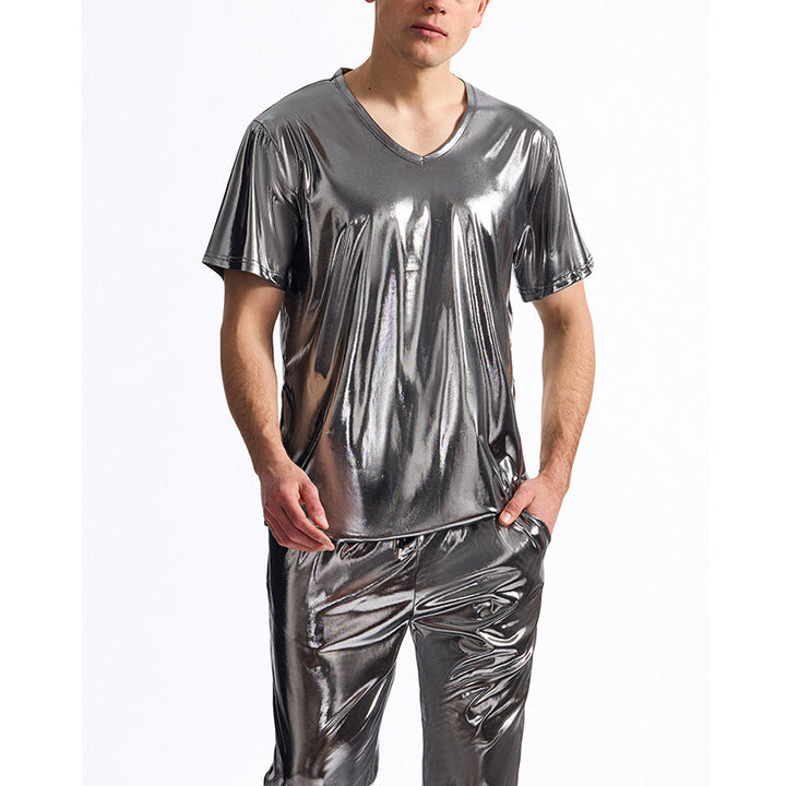 Herren glänzendes V-Ausschnitt T-Shirt im metallischen Look Echoarchiv