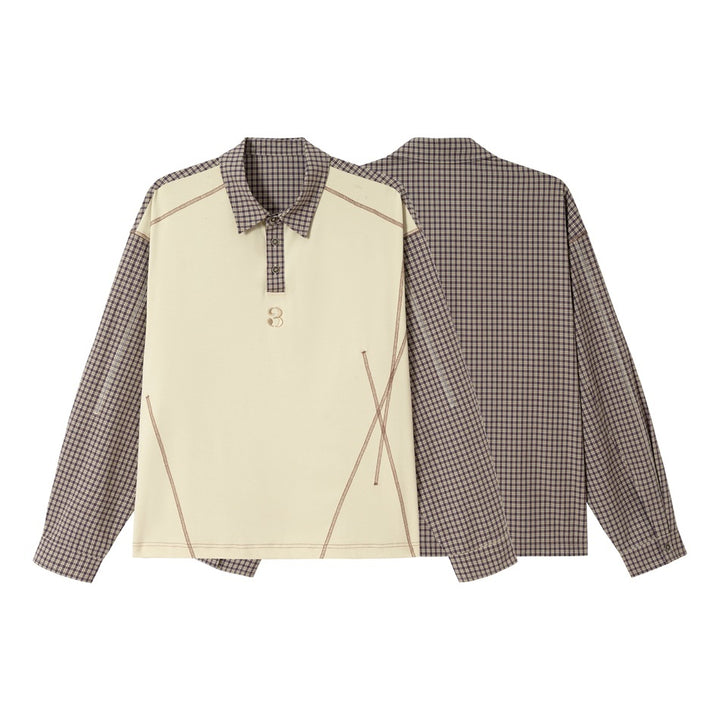 Unisex Oversize Langarm-Poloshirt mit karierten Ärmeln, Hemdkragen und dekorativen Steppnähten Echoarchiv