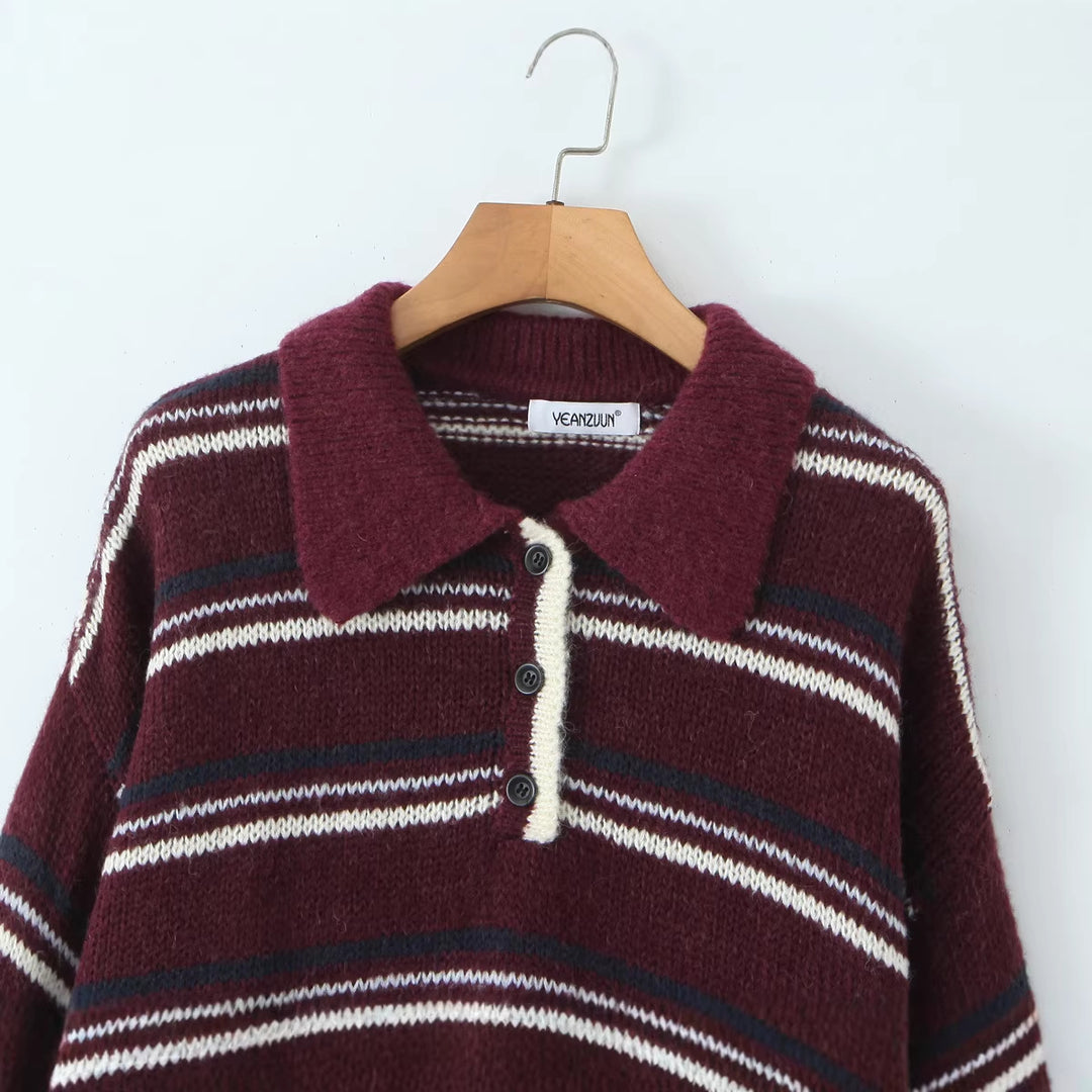 Damen Gestreifter Strickpullover mit Polokragen und oversize Ärmeln Echoarchiv