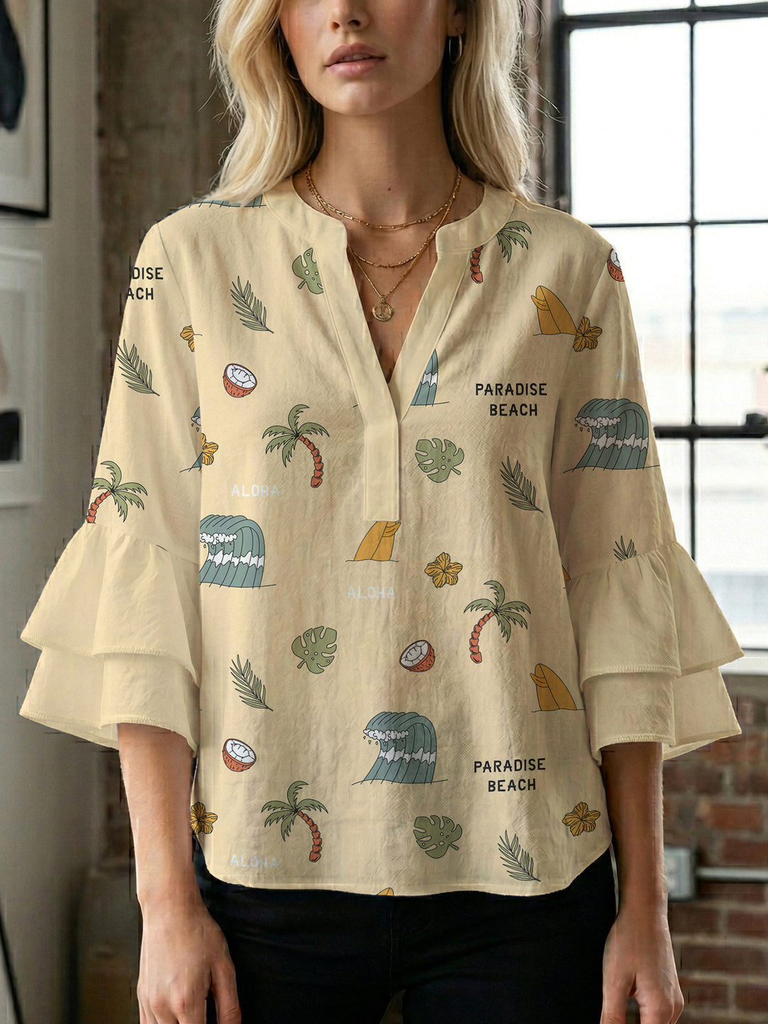Damen Bluse mit voluminösen Rüschenärmeln und floralem Druck Echo Archiv