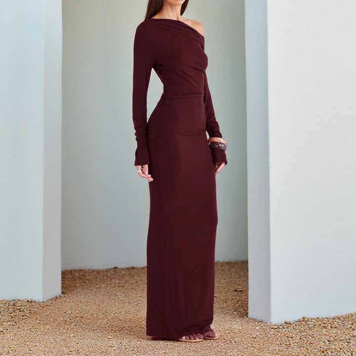 Damen One-Shoulder Abend-Maxikleid mit langem Arm und taillierter Drapierung – Avérine