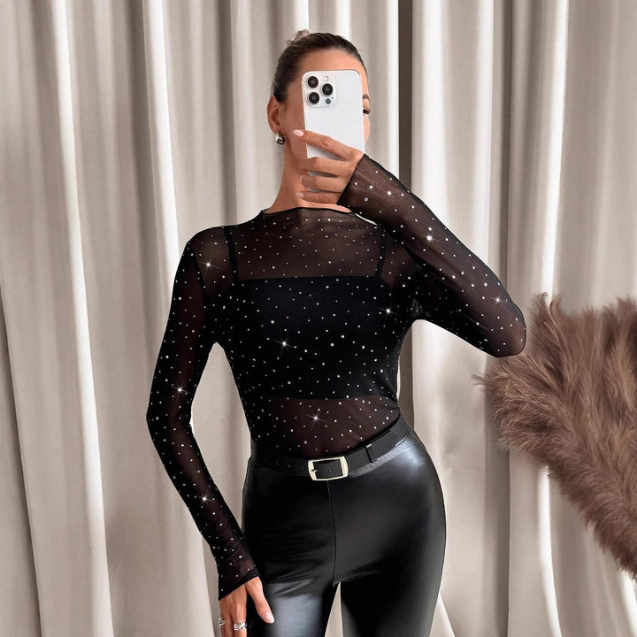 Damen nan transparentes Langarm-Netzshirt mit Strassapplikationen und integriertem Untertop Echo Archiv