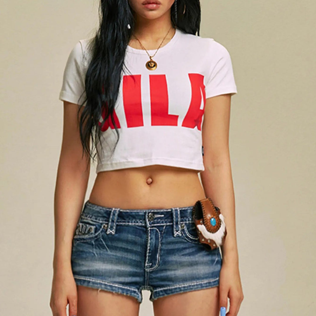 Damen Cropped T-Shirt mit auffälligem Grafikdruck Echo Archiv