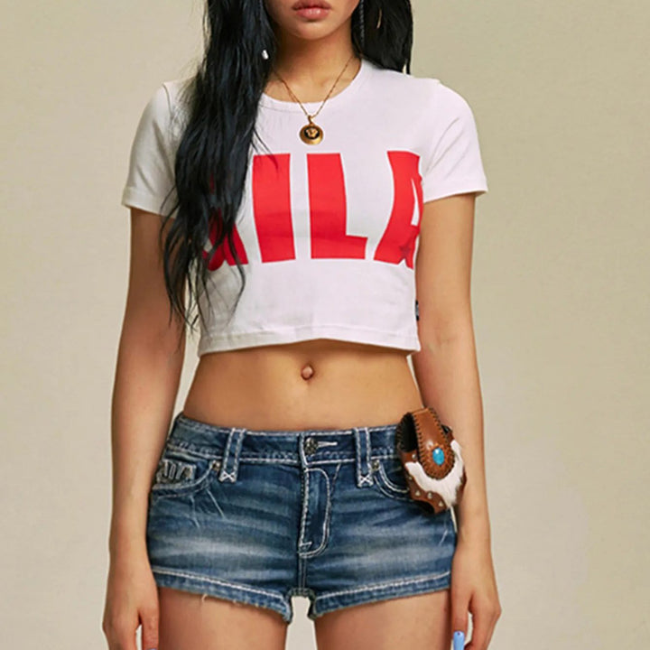 Damen Cropped T-Shirt mit auffälligem Grafikdruck Echo Archiv