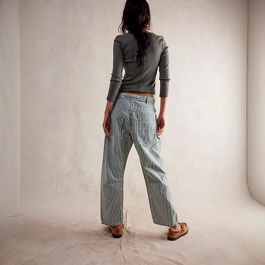 Damen nan lässige gestreifte Leinenhose mit Kordelzug und aufgesetzten Taschen Echo Archiv