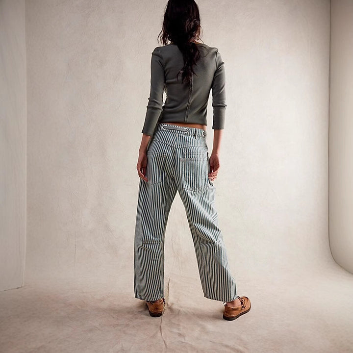 Damen nan lässige gestreifte Leinenhose mit Kordelzug und aufgesetzten Taschen Echo Archiv