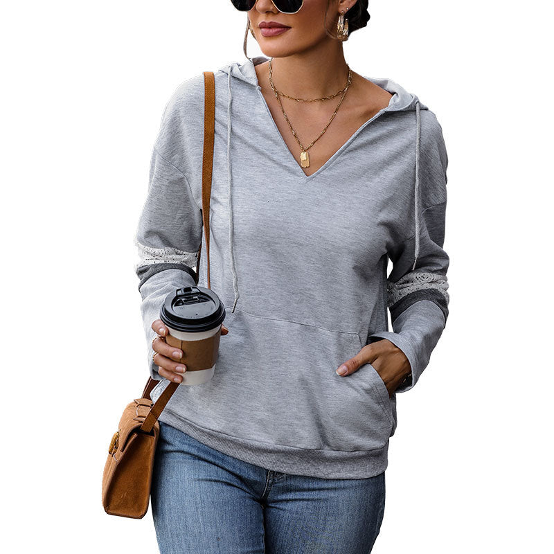Damen Kapuzenpullover mit V‑Ausschnitt, Kängurutasche und kontrastierenden Ärmeln Echoarchiv