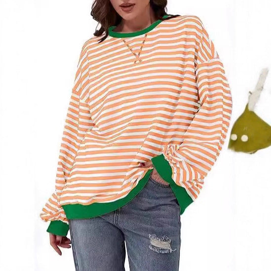 Damen Lässiges Oversize-Streifen-Sweatshirt mit Raglanärmeln und Kontrastbündchen – Mavelle