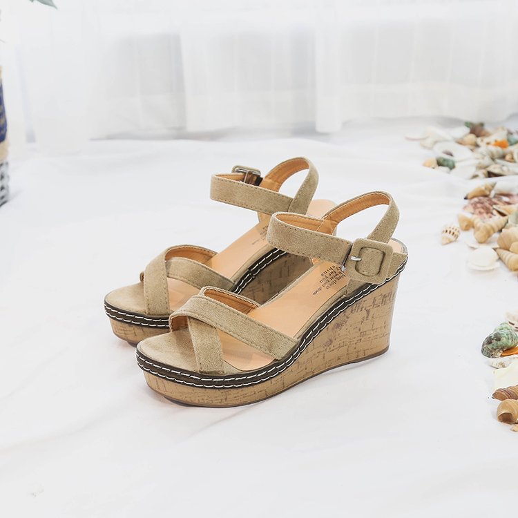 Damen nan Keilabsatz Sandalen mit Korkplateau verstellbarem Knöchelriemen aus Veloursleder Echo Archiv