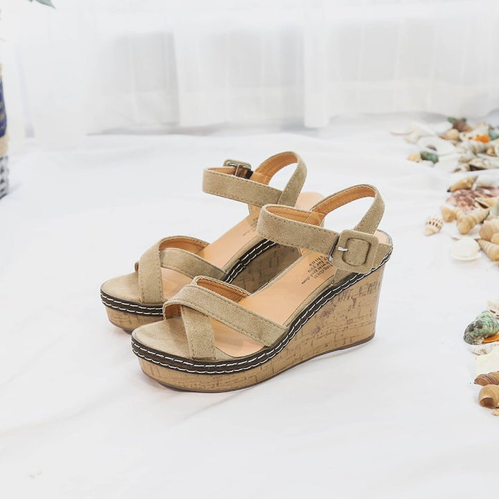 Damen nan Keilabsatz Sandalen mit Korkplateau verstellbarem Knöchelriemen aus Veloursleder Echo Archiv