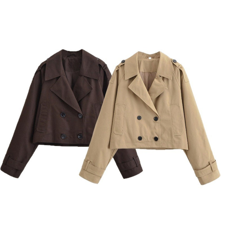 Damen Cropped Manteljacke im Trenchstil mit doppelreihiger Knopfleiste und Schulterklappen Echo Archiv