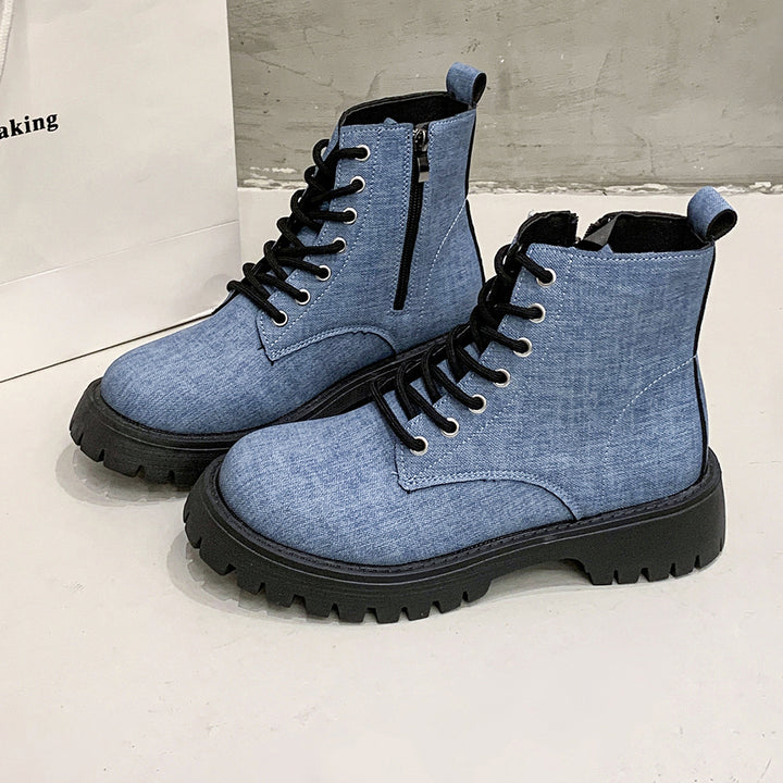Damen Chunky Combat-Ankleboots aus Denimoptik mit robust profilierter Sohle und seitlichem Reißverschluss Echo Archiv