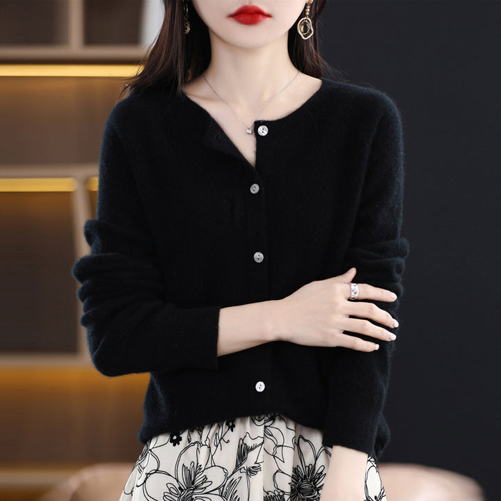 Damen Kurzgeschnittener Cardigan in Mohair‑Optik mit Rundhalsausschnitt und Perlmuttknöpfen Echoarchiv