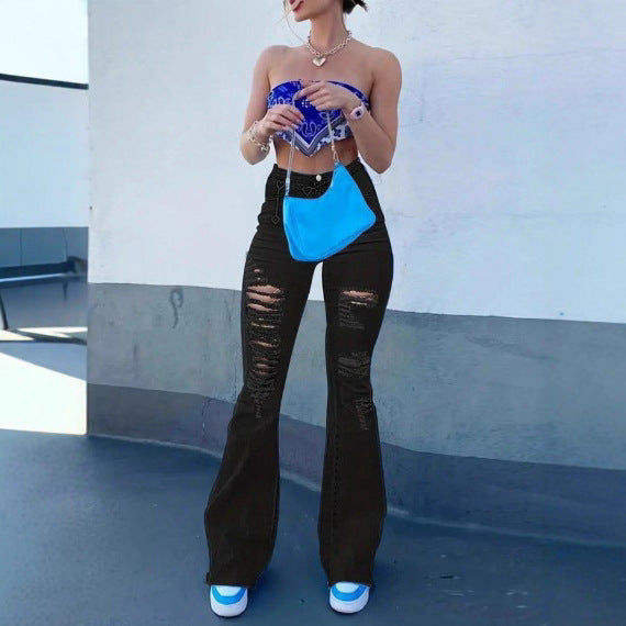 Damen Flared-Jeans mit hohem Bund, Sculpting-Schnitt und starkem Destroyed-Effekt Echo Archiv