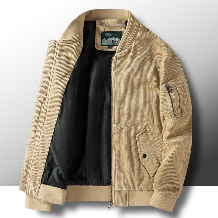 Herren Kord-Vintage-Bomberjacke mit leichtem Thermofutter, Ärmel-Reißverschlusstasche und Rippbündchen – Brevano