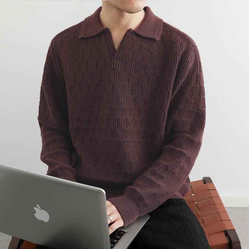 Herren Feinstrick-Polo-Pullover mit Strukturstrick und offenem V-Ausschnitt Echoarchiv