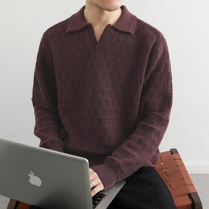 Herren Feinstrick-Polo-Pullover mit Strukturstrick und offenem V-Ausschnitt Echoarchiv