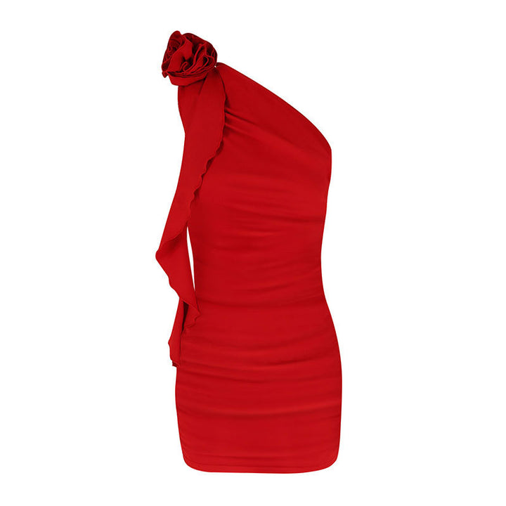 Damen Figurbetontes Minikleid mit asymmetrischem Ausschnitt und Rüschendetails Echo Archiv