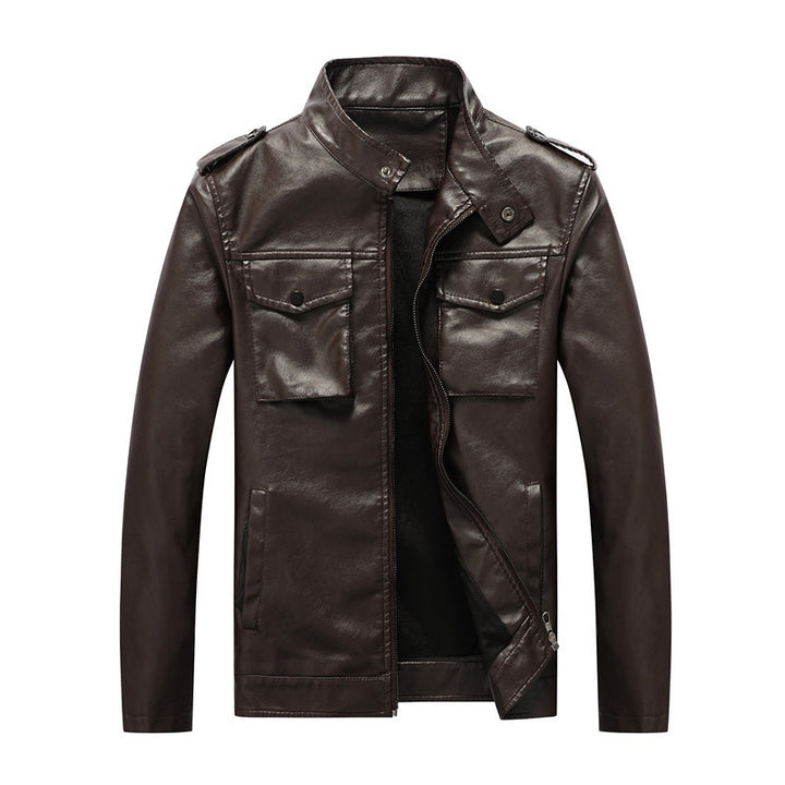 Herren Kunstlederjacke im Fieldstil mit Stehkragen, Schulterpatten und Brustklappentaschen – Taviero