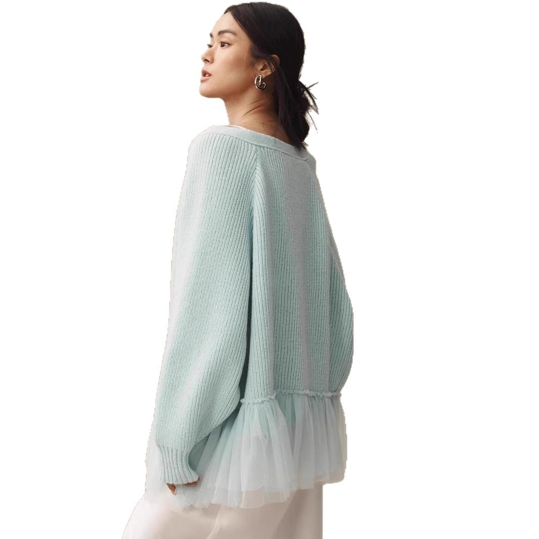 Damen Modischer Strickpullover mit Tülldetails – Mavelle