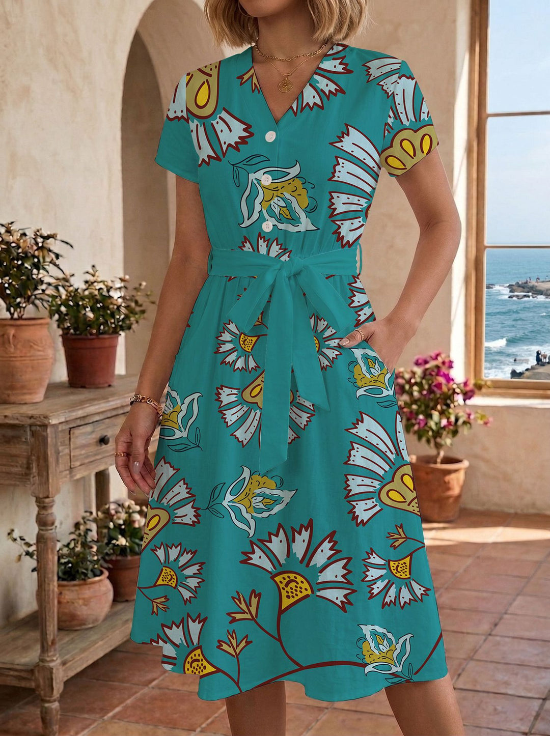 Damen Sommerliches Kleid mit taillierbarem Bindegürtel und floralem Muster Echo Archiv