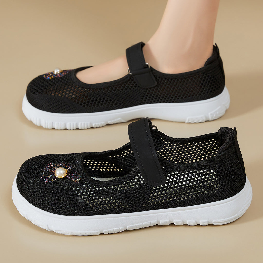 Damen nan gestrickter Mary-Jane-Sneaker mit Klettriemen, atmungsaktivem Strickoberteil, dekorativer Perlenapplikation und dämpfender EVA-Sohle Echo Archiv