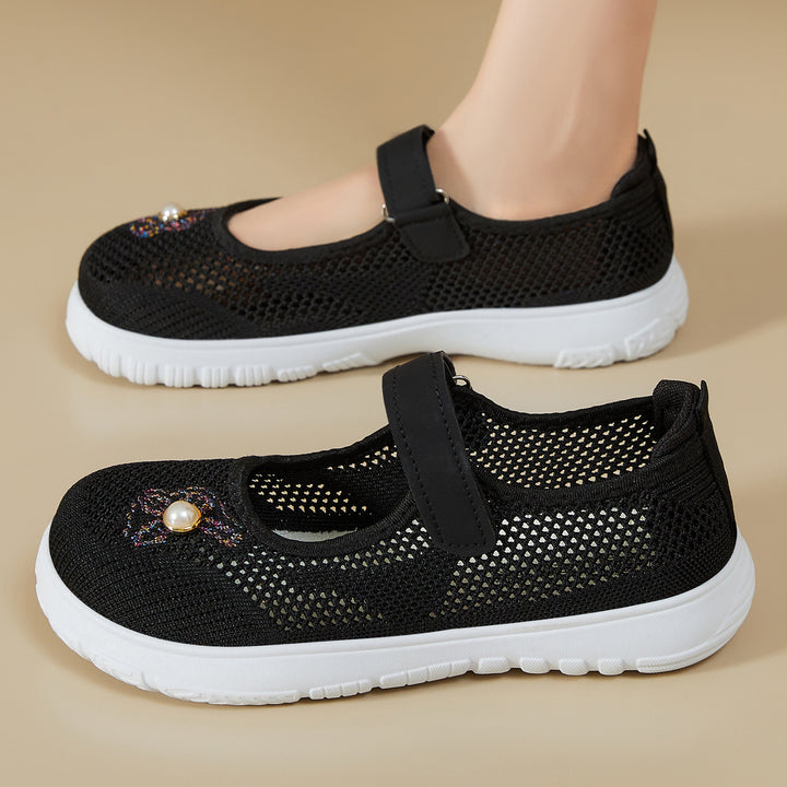 Damen nan gestrickter Mary-Jane-Sneaker mit Klettriemen, atmungsaktivem Strickoberteil, dekorativer Perlenapplikation und dämpfender EVA-Sohle Echo Archiv