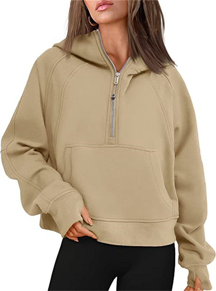 Damen Oversize-Hoodie mit halbem Reißverschluss, Kängurutasche und Daumenlöchern – Auréline
