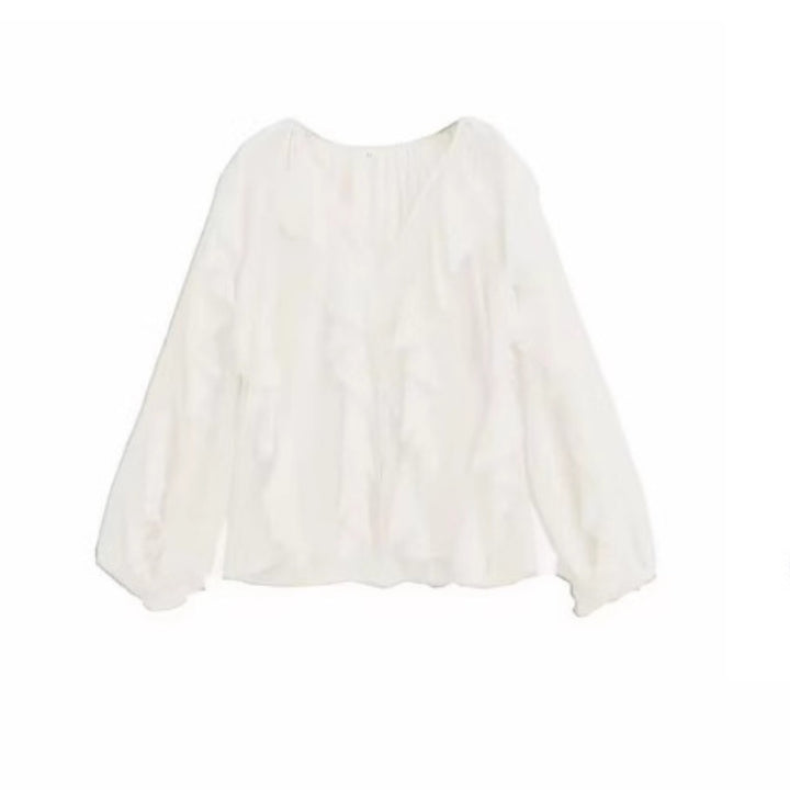 Damen nan feminine Chiffon-Volantbluse mit Ballonärmeln und V-Ausschnitt Echo Archiv