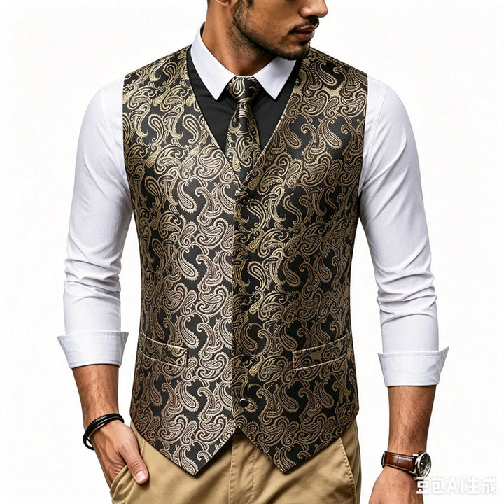Herren Satin-Jacquard-Weste mit Paisley-Muster und passender Krawatte Echo Archiv