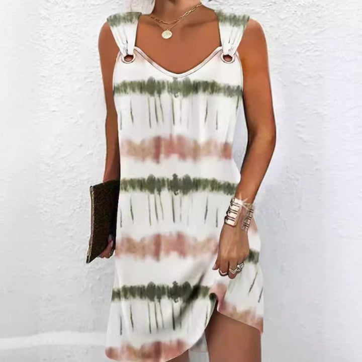Damen nan ärmelloses V-Ausschnitt-Sommerkleid mit dekorativen Metallösen an breiten Trägern und lässiger A-Linien-Silhouette Echo Archiv