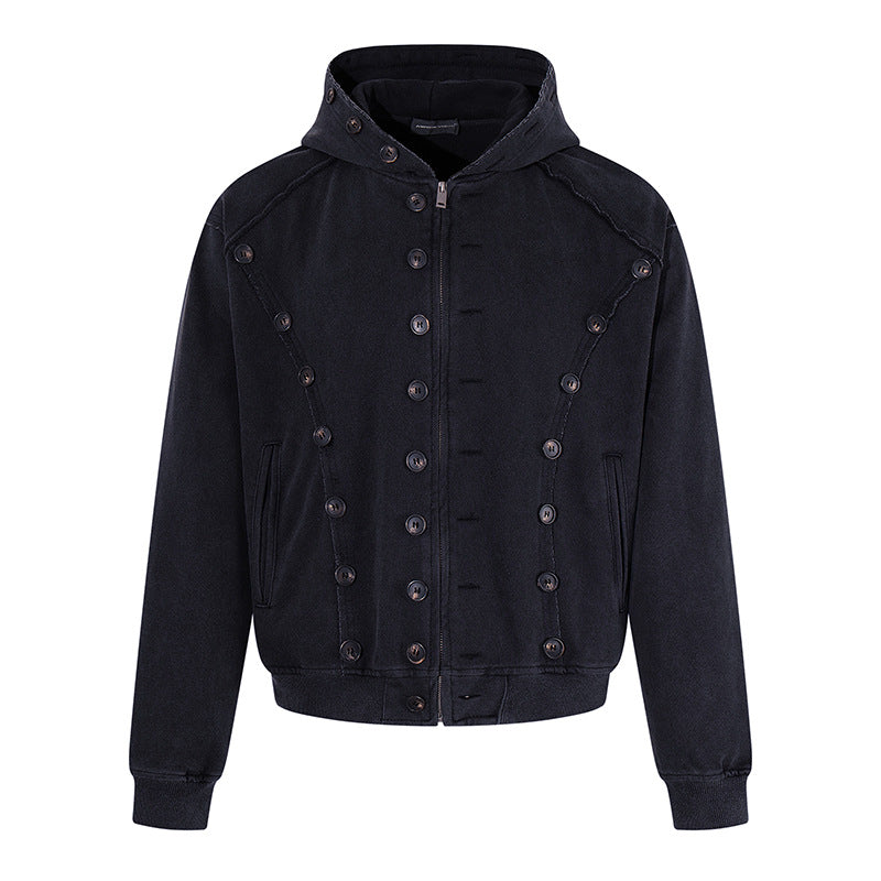 Herren Kapuzen-Zipjacke mit dekorischer Knopfreihe, vintage-inspirierter Waschung und elastischem Saum Echoarchiv