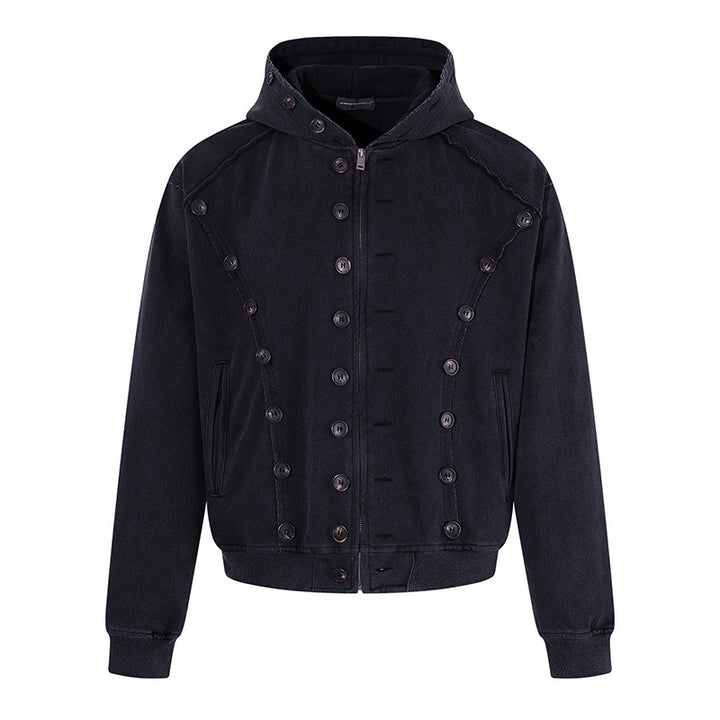 Herren Kapuzen-Zipjacke mit dekorischer Knopfreihe, vintage-inspirierter Waschung und elastischem Saum Echoarchiv