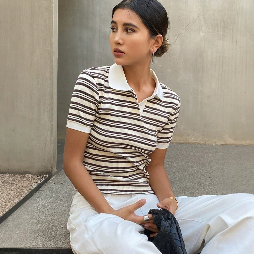 Damen Polo Shirt mit gestreiftem Design und feiner Rippstruktur Echo Archiv