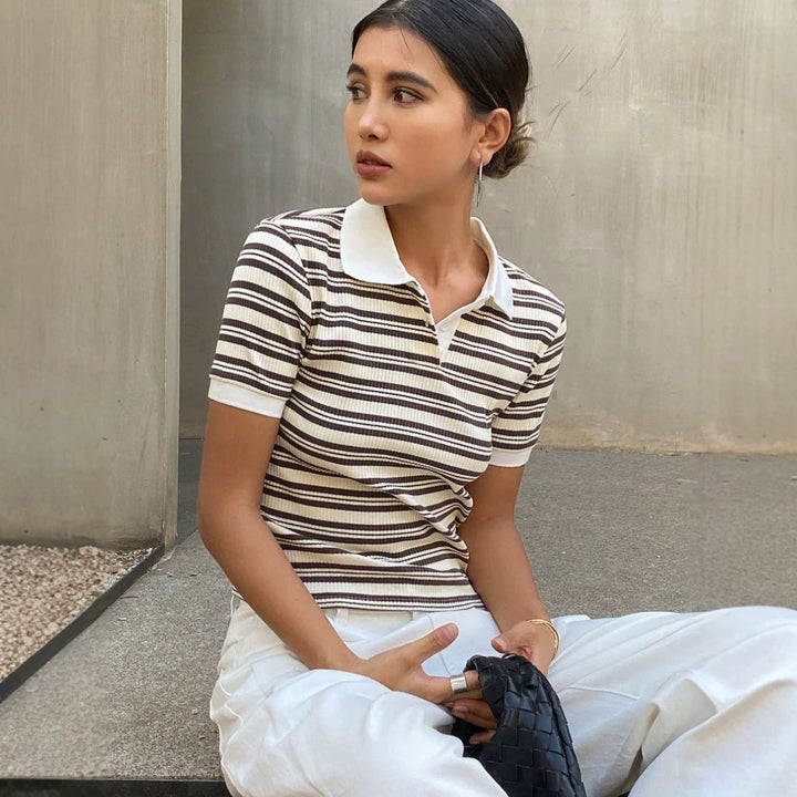 Damen Polo Shirt mit gestreiftem Design und feiner Rippstruktur Echo Archiv