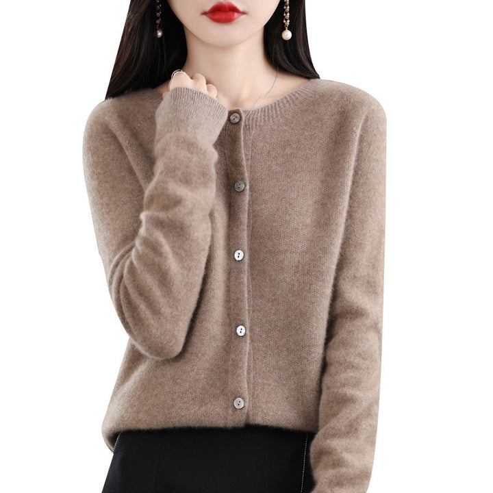 Damen Kurzgeschnittener Cardigan in Mohair‑Optik mit Rundhalsausschnitt und Perlmuttknöpfen Echoarchiv