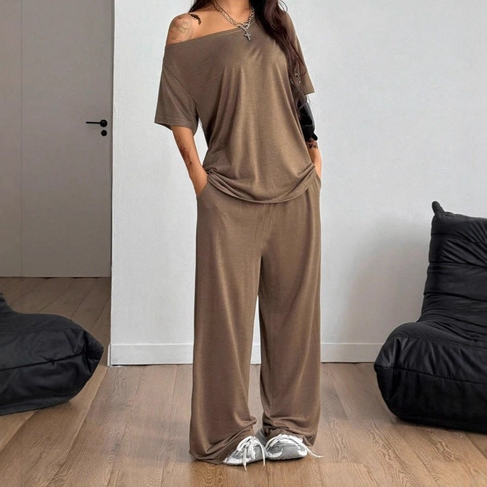 Damen Lässiges Lounge-Set aus weichem Jersey mit weiter Palazzohose und schulterfreiem Oversize-Top – Élanora