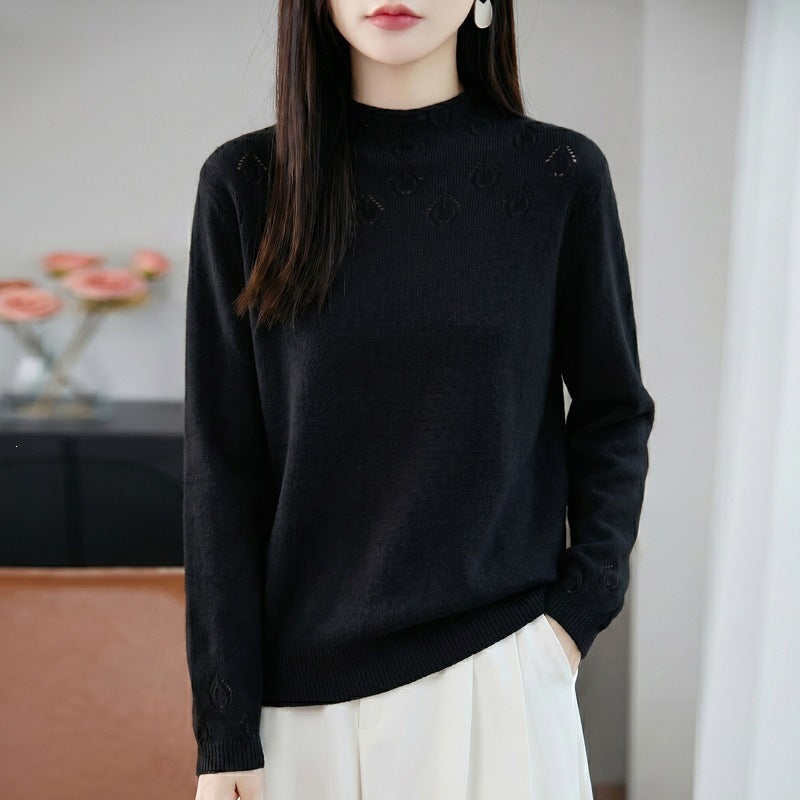 Damen Kurzrollkragenpullover aus Feinstrick mit Ajour‑Yoke und geripptem Saum Echoarchiv