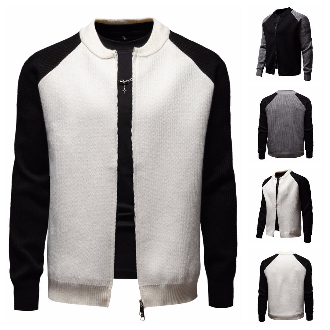 Herren modische Strickjacke mit durchgehendem Reißverschluss und kontrastierenden Ärmelstrukturen Echoarchiv
