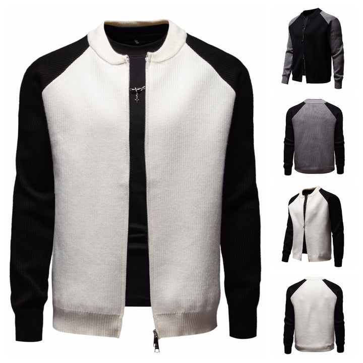 Herren modische Strickjacke mit durchgehendem Reißverschluss und kontrastierenden Ärmelstrukturen Echoarchiv