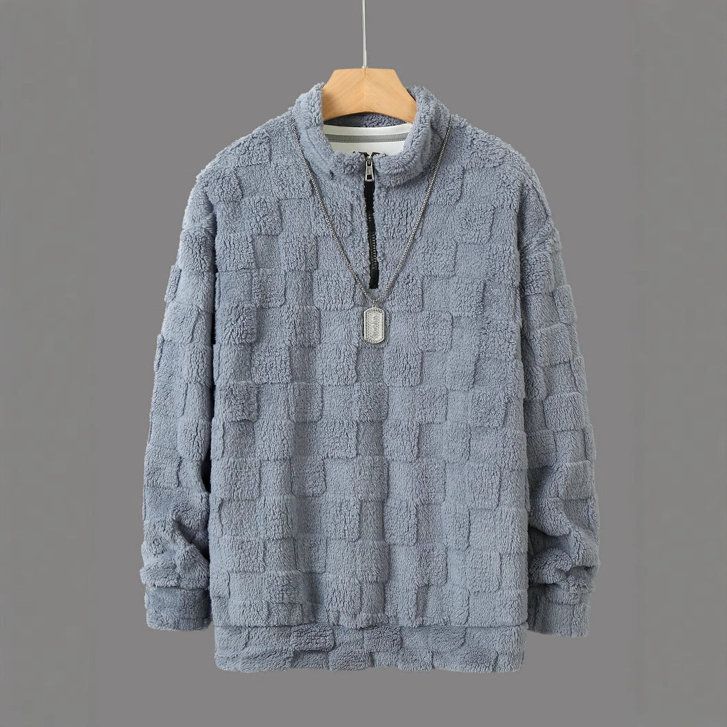 Herren karierter Sherpa-Halbzip-Pullover mit hohem Stehkragen und weicher Teddy-Fleece-Qualität – Cavarno