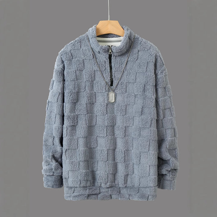 Herren karierter Sherpa-Halbzip-Pullover mit hohem Stehkragen und weicher Teddy-Fleece-Qualität – Cavarno