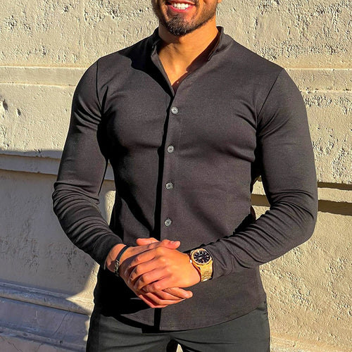 Herren Slim-Fit Langarmhemd mit Stehkragen und elastischem Jersey Echoarchiv