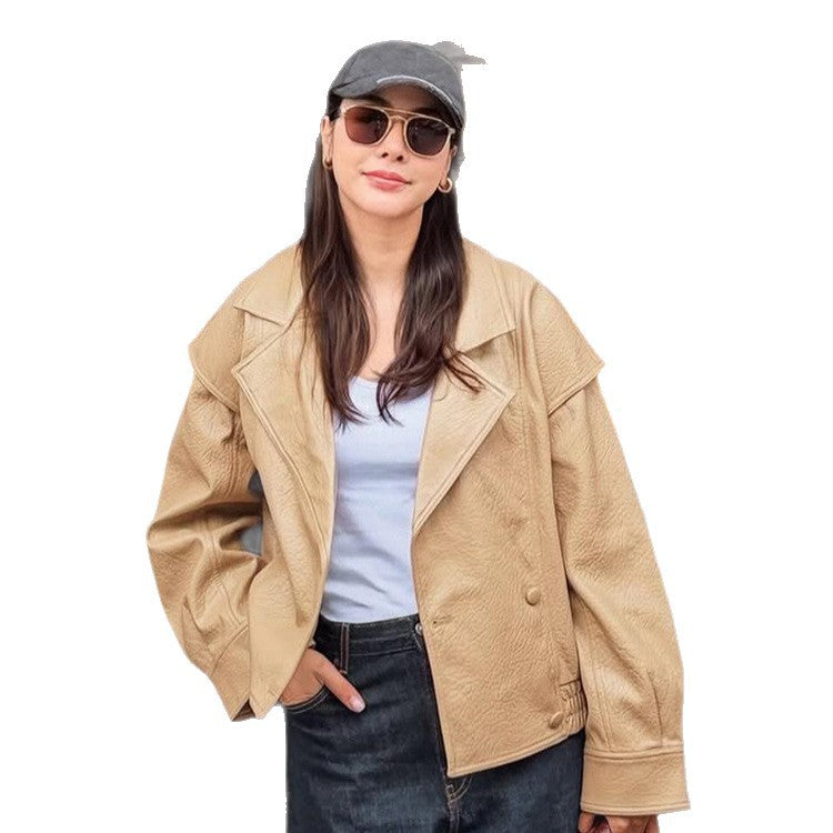 Damen Oversize-Lederimitat-Bomberjacke mit Boxy-Schnitt und weitem Revers Echoarchiv