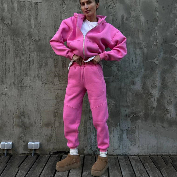 Damen Statement-Sweatset aus schwerem French-Terry mit oversized Zip-Hoodie, vorgeformten Kniepartien und elastischer High-Waist-Jogginghose – Avérine
