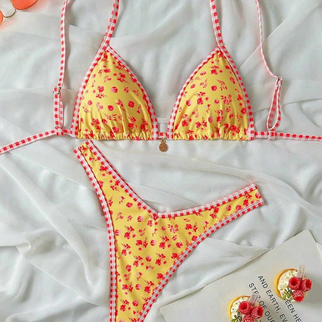 Damen Triangel-Bikini mit Rüschendetails und Karomuster Echo Archiv