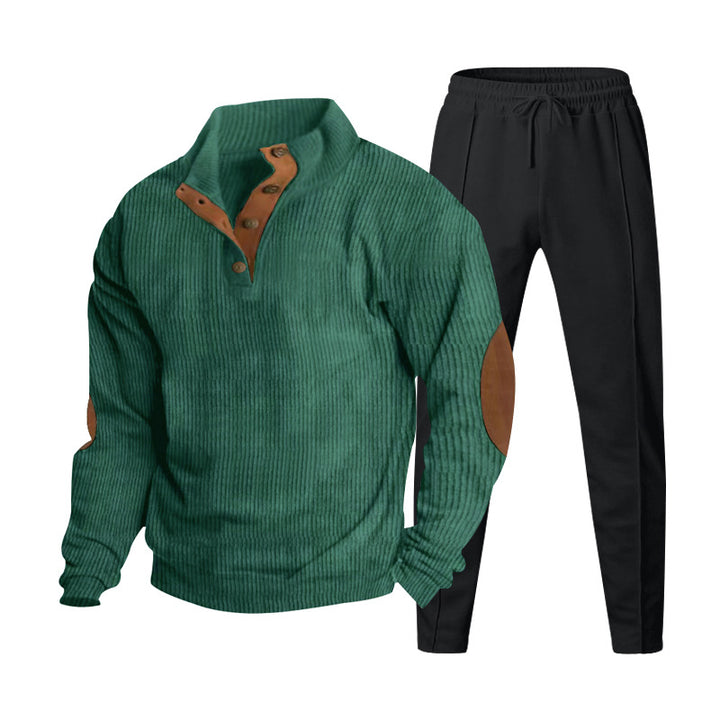 Herren nan gerippter Henley-Freizeitanzug mit dekorativer Knopfleiste und Wildleder-Ellenbogenpatch konisch geschnittene Jogginghose Echo Archiv