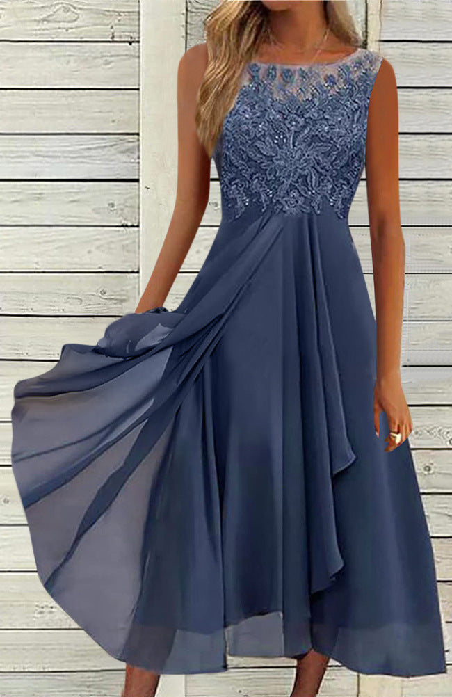 Damen nan ärmelloses Chiffon-Midikleid mit bestickter Illusionsspitze, Schiff-Ausschnitt und mehrlagigem Schwingrock Echoarchiv