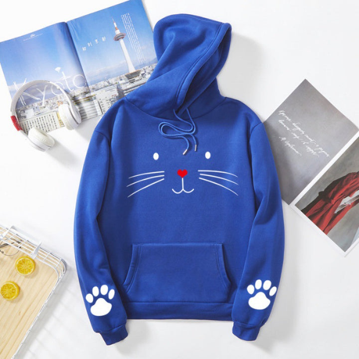 Damen Kapuzenpullover mit gedrucktem Katzenmotiv, Kängurutasche und Pfotenapplikationen – Auréline